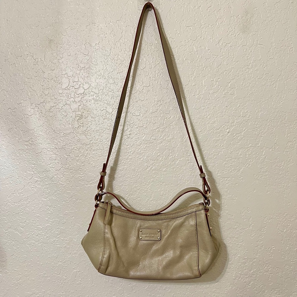 Kate Spade New York Taupe Pebbled Leather Crossbody Bag Hobo Preppy Neutral